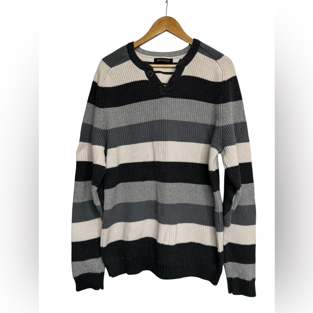 Britches Vintage Striped Cotton Sweater Black Gray Cream Large